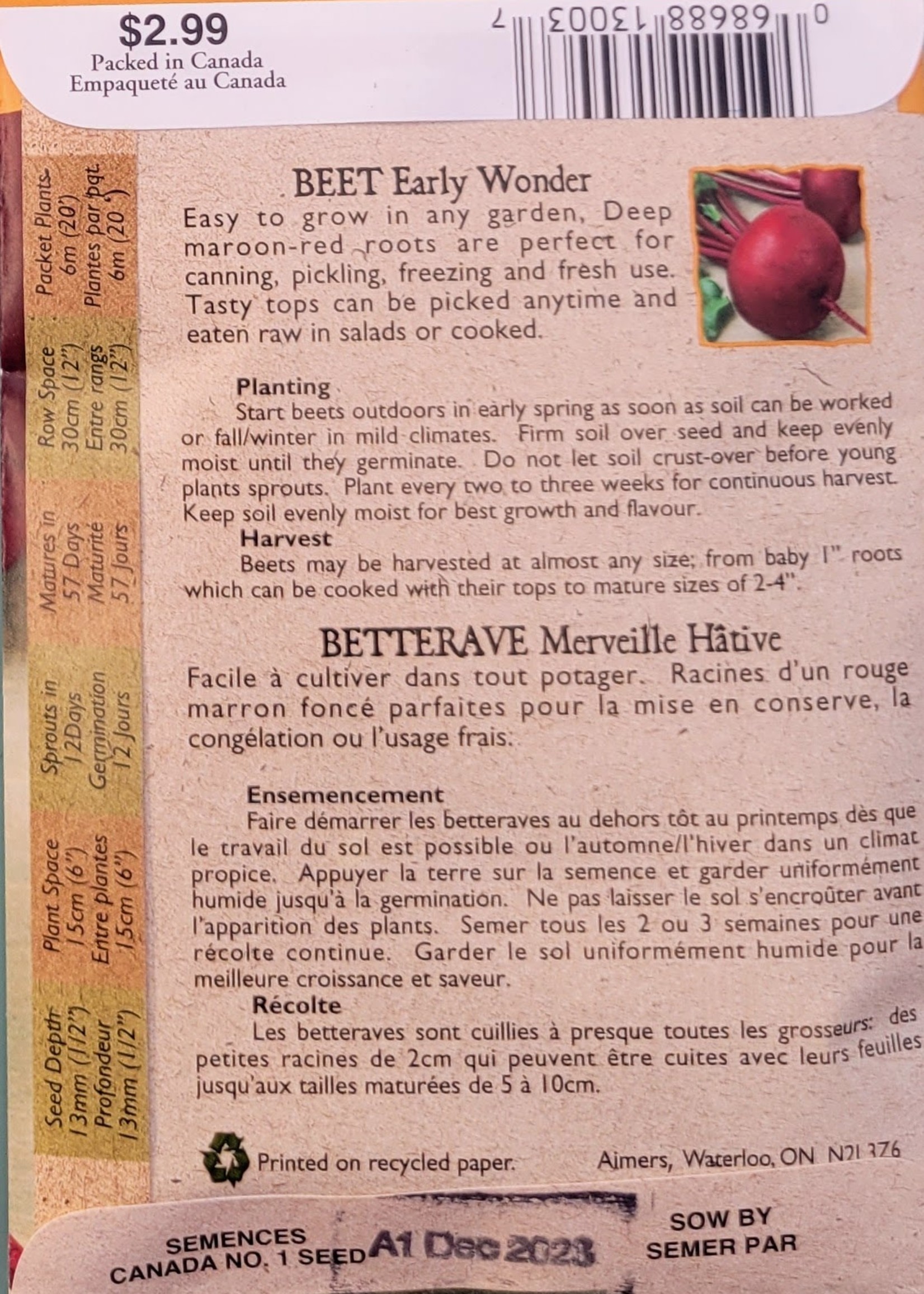 Aimers Organic Seeds Early Wonder Beets Certified Organic