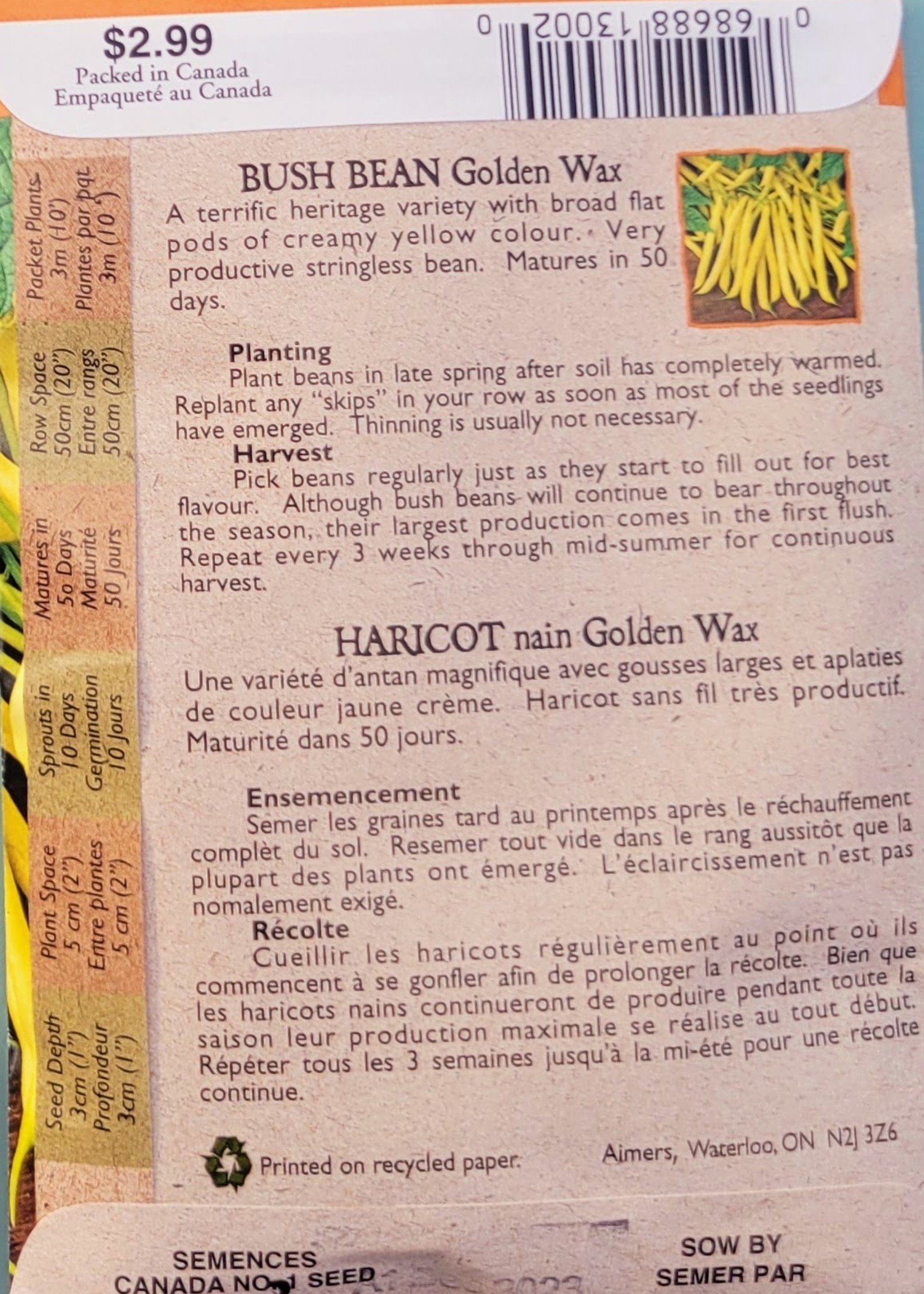 Aimers Organic Seeds Golden Wax Beans Certified Organic