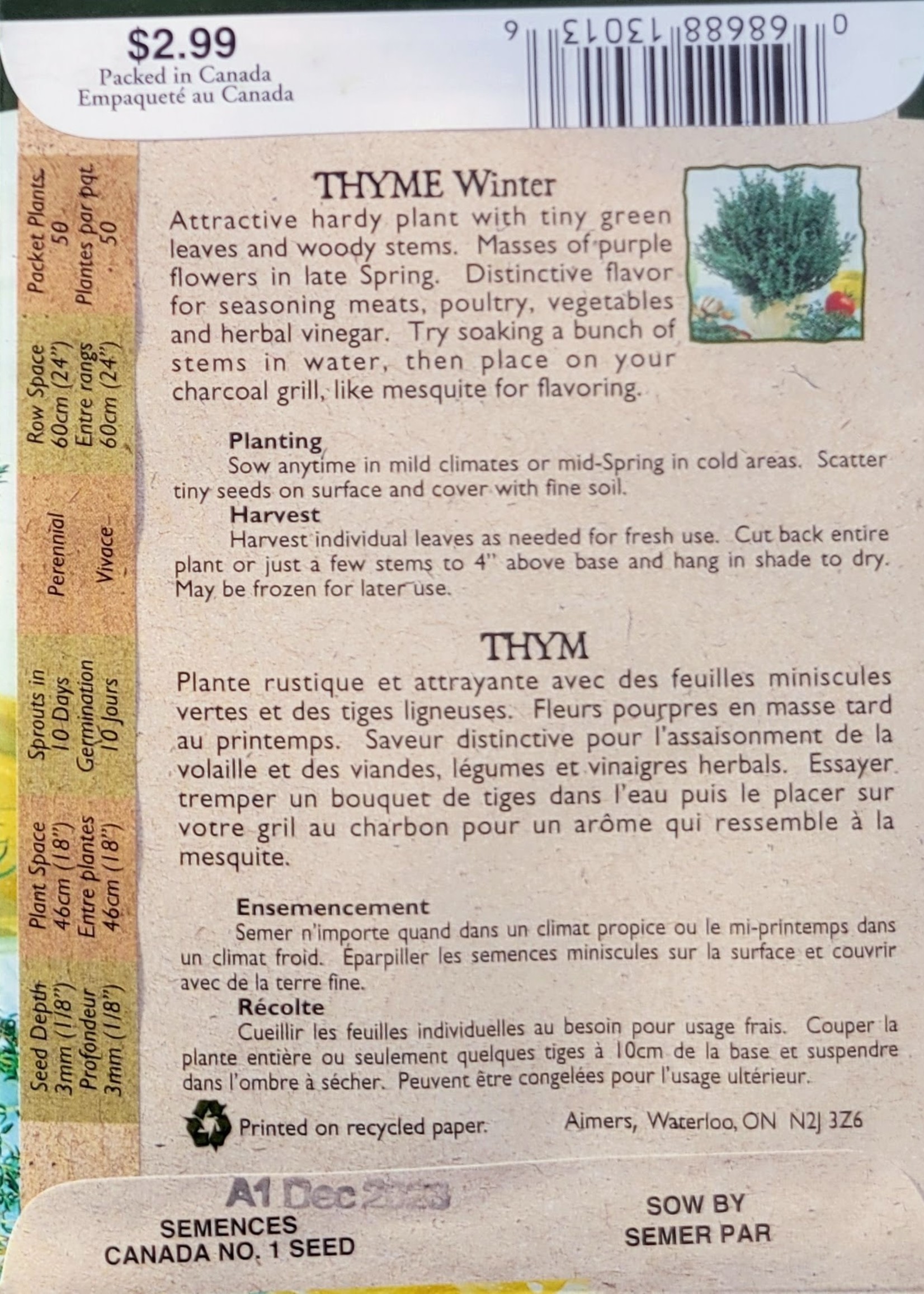 Aimers Organic Seeds Thyme Certified Organic