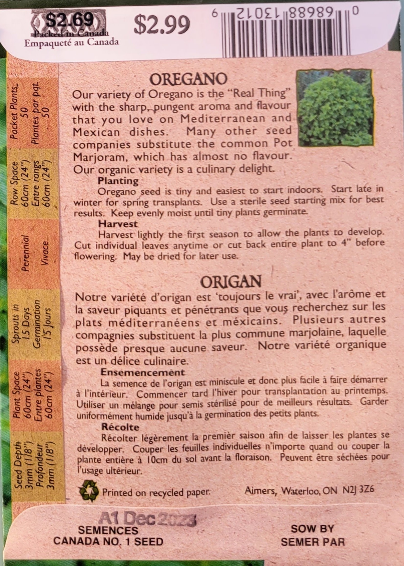 Aimers Organic Seeds Oregano Certified Organic