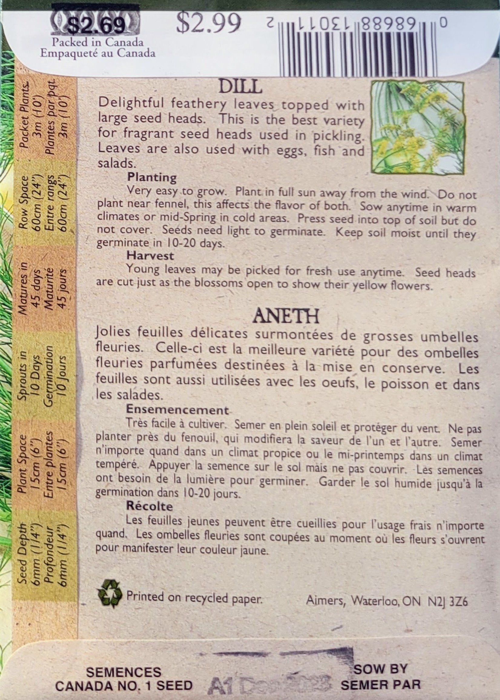 Aimers Organic Seeds Dill Certified Organic