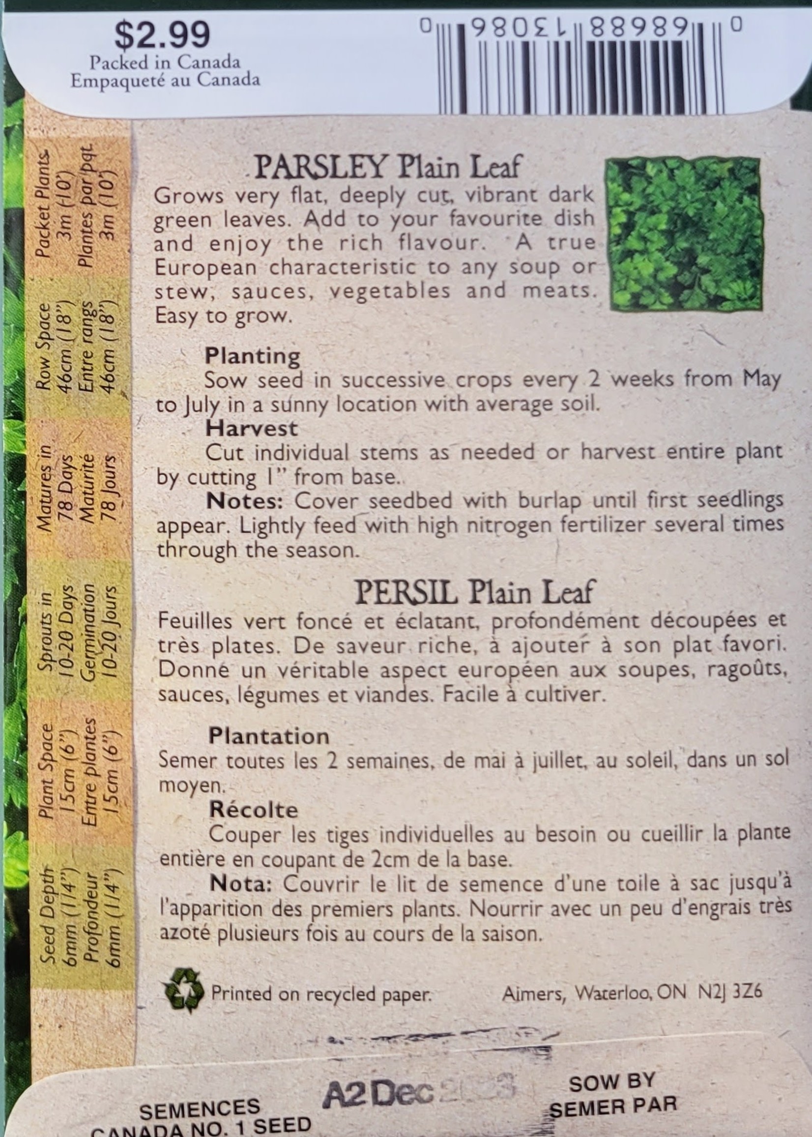 Aimers Organic Seeds Plain Single Parsley Certified Organic