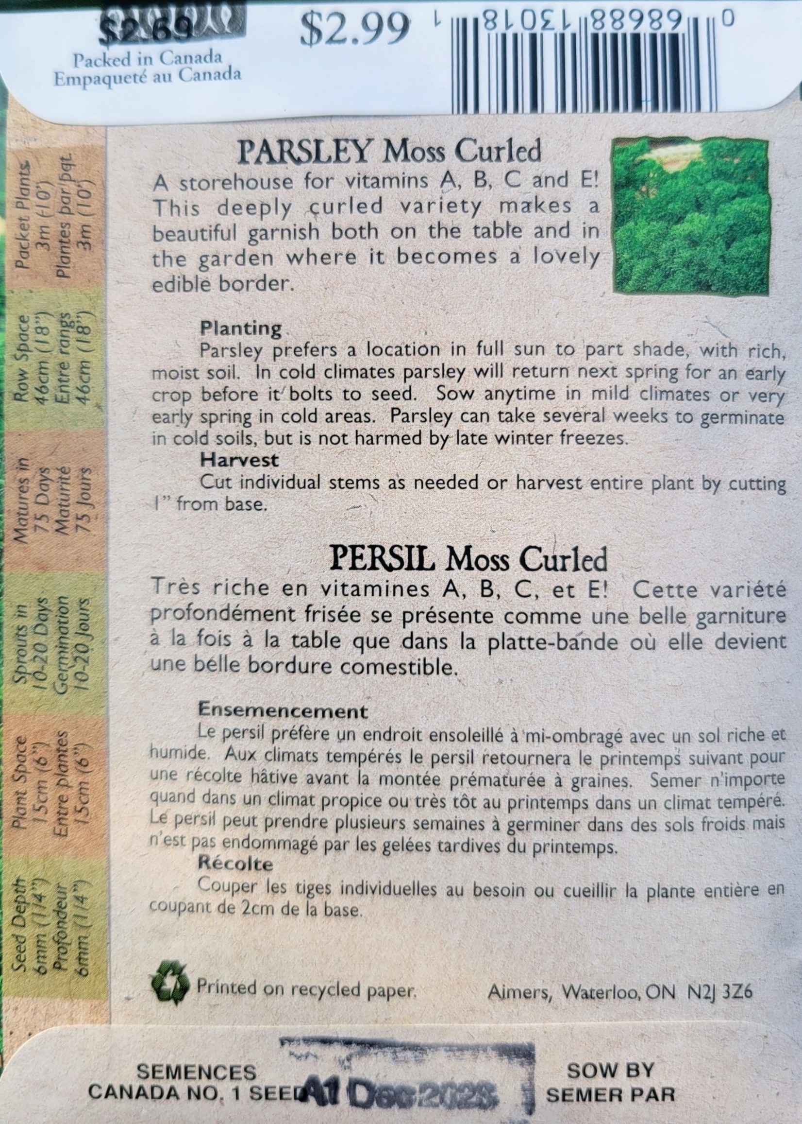 Aimers Organic Seeds Moss Curled Parsley Certified Organic Seed Tape