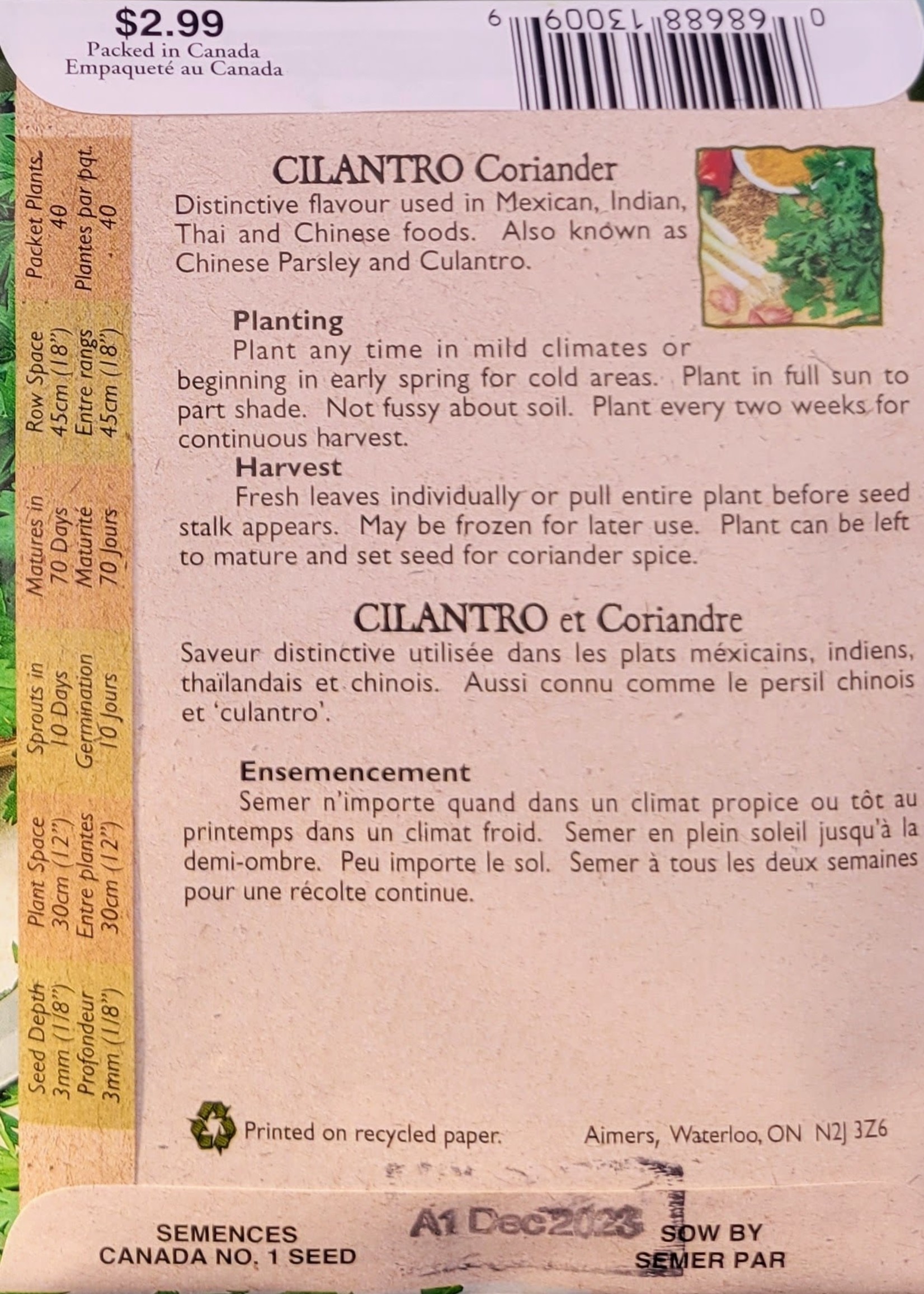 Aimers Organic Seeds Cilantro Certified Organic