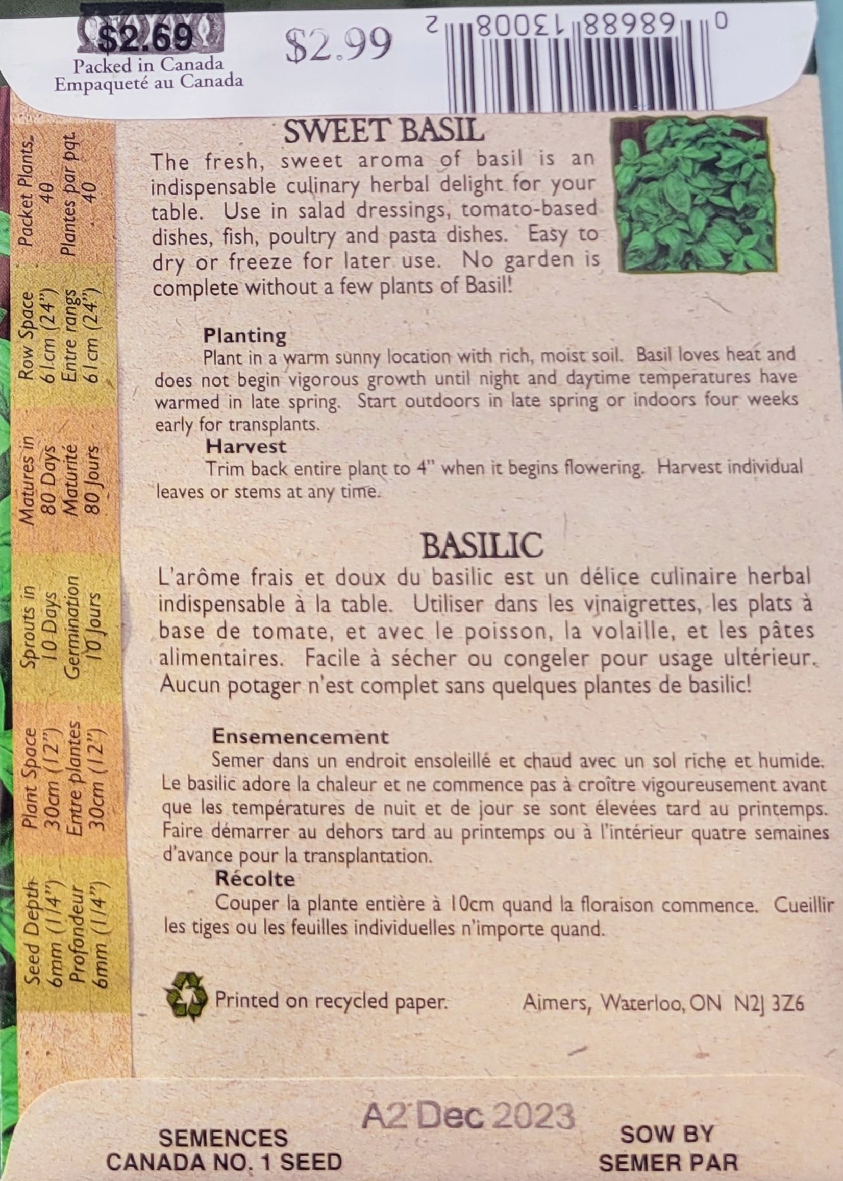 Aimers Organic Seeds Sweet Basil Certified Organic