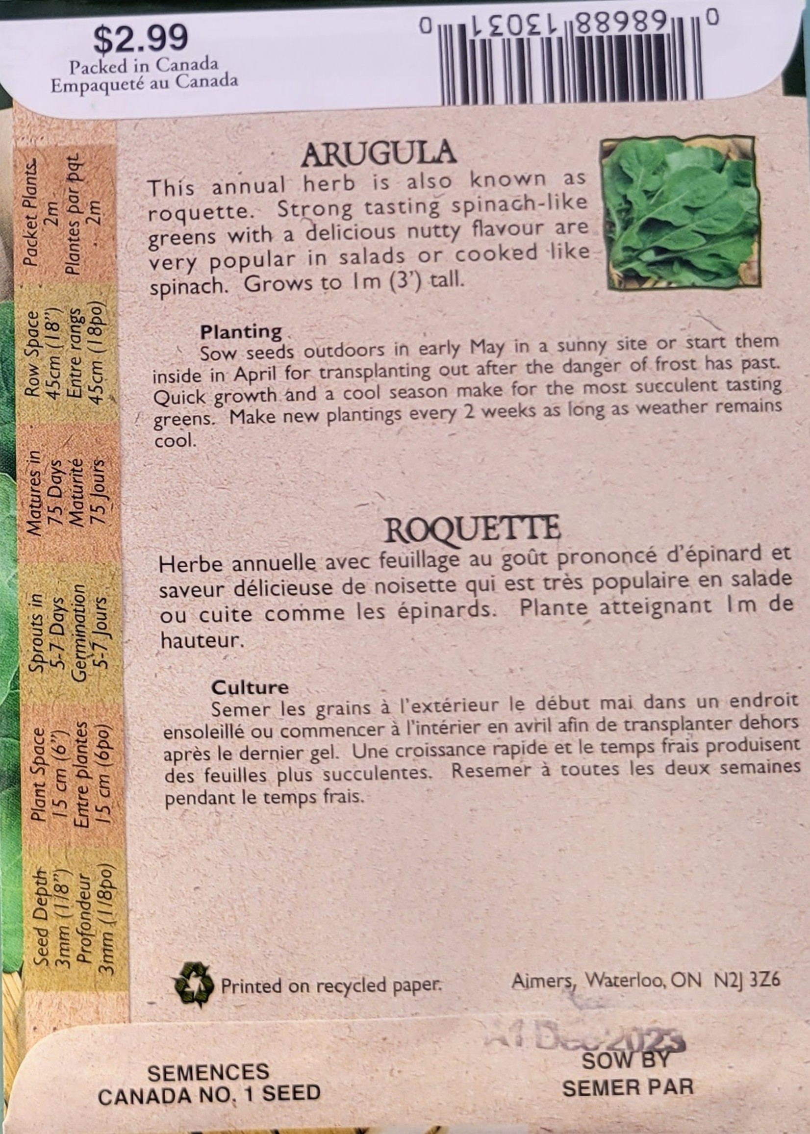 Aimers Organic Seeds Arugula (Roquette) Certified Organic