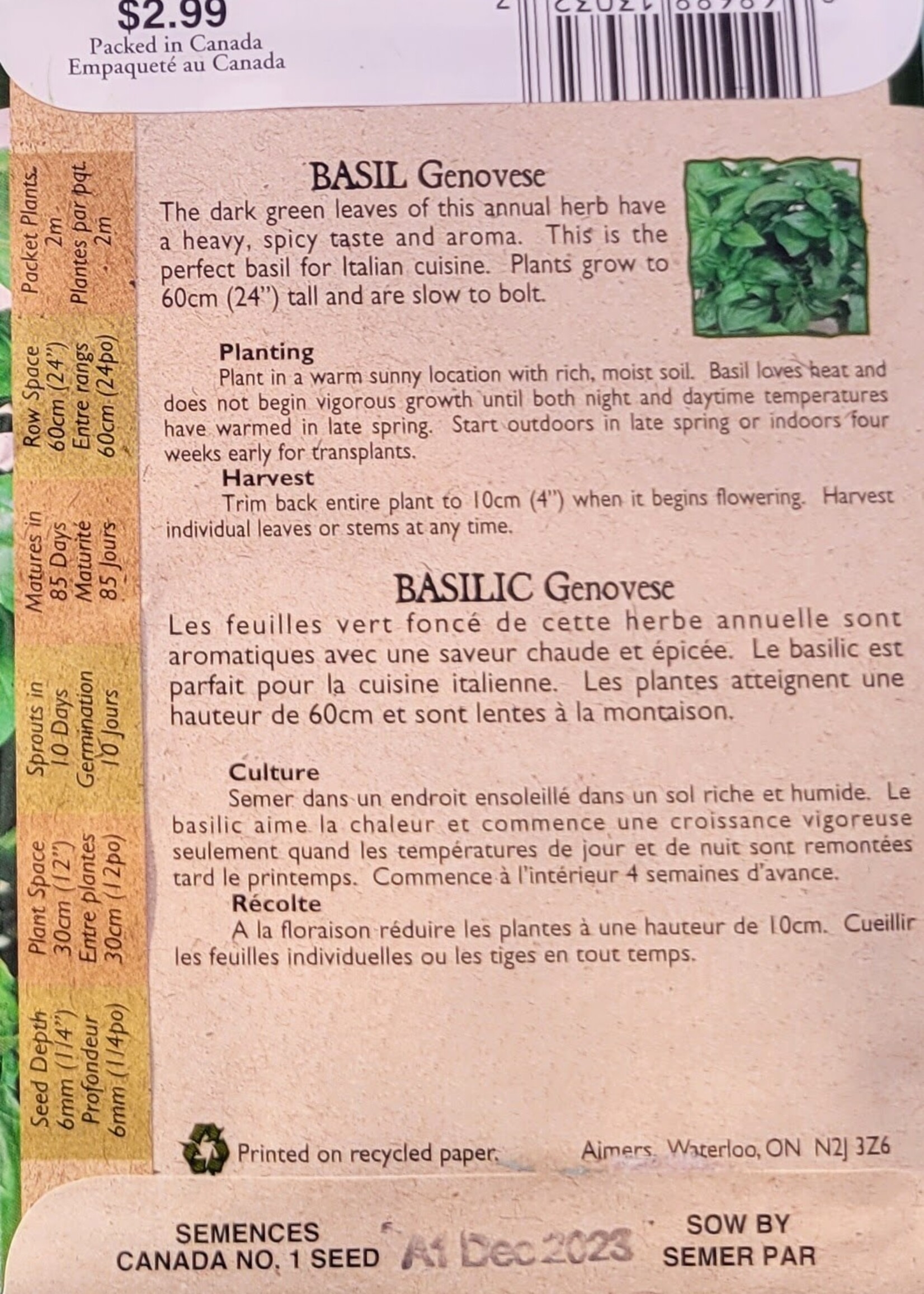 Aimers Organic Seeds Genovese Basil Certified Organic