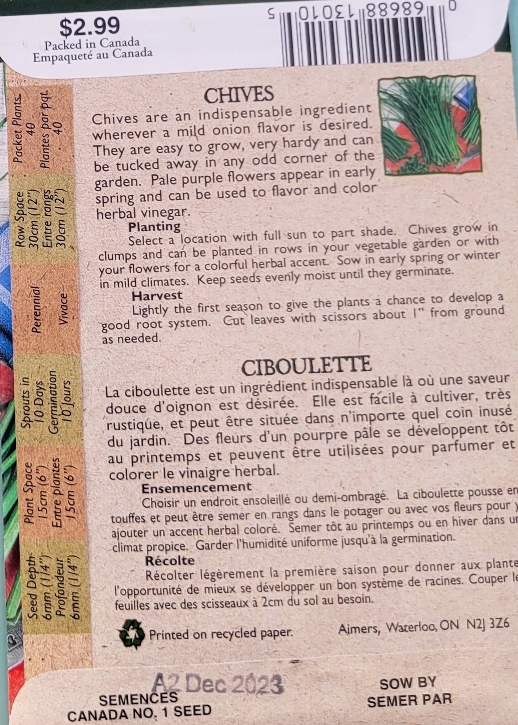 Aimers Organic Seeds Chives Certified Organic