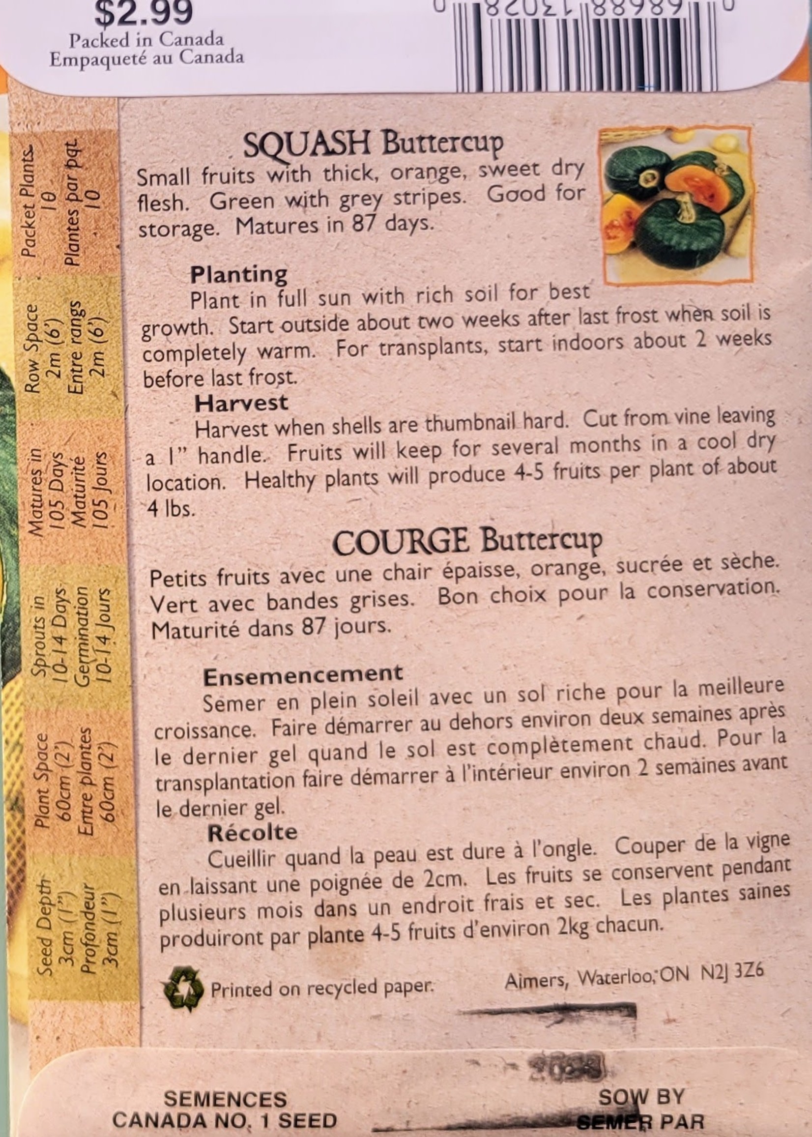 Aimers Organic Seeds Buttercup Squash Certified Organic