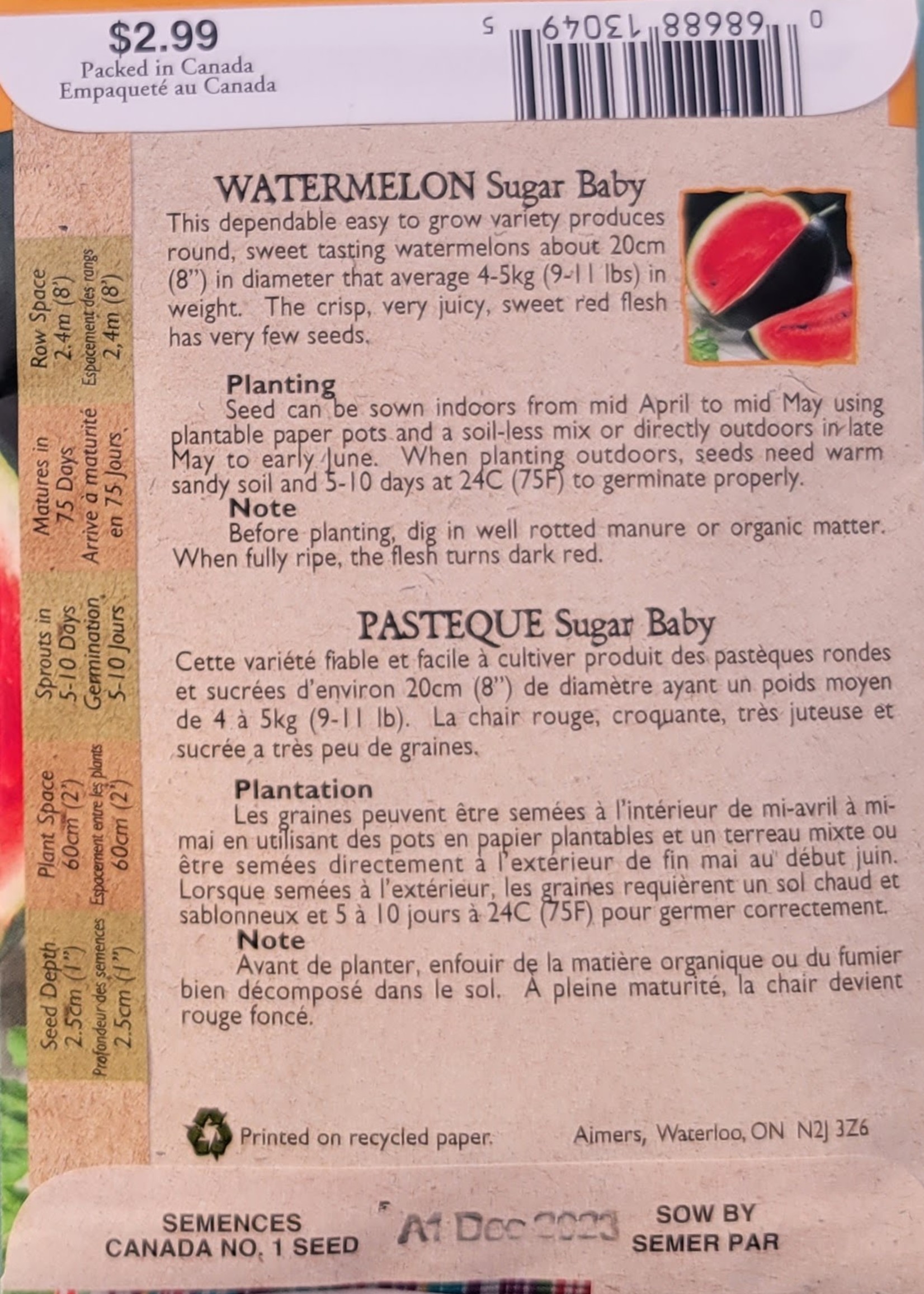 Aimers Organic Seeds Sugar Baby Watermelon Organic