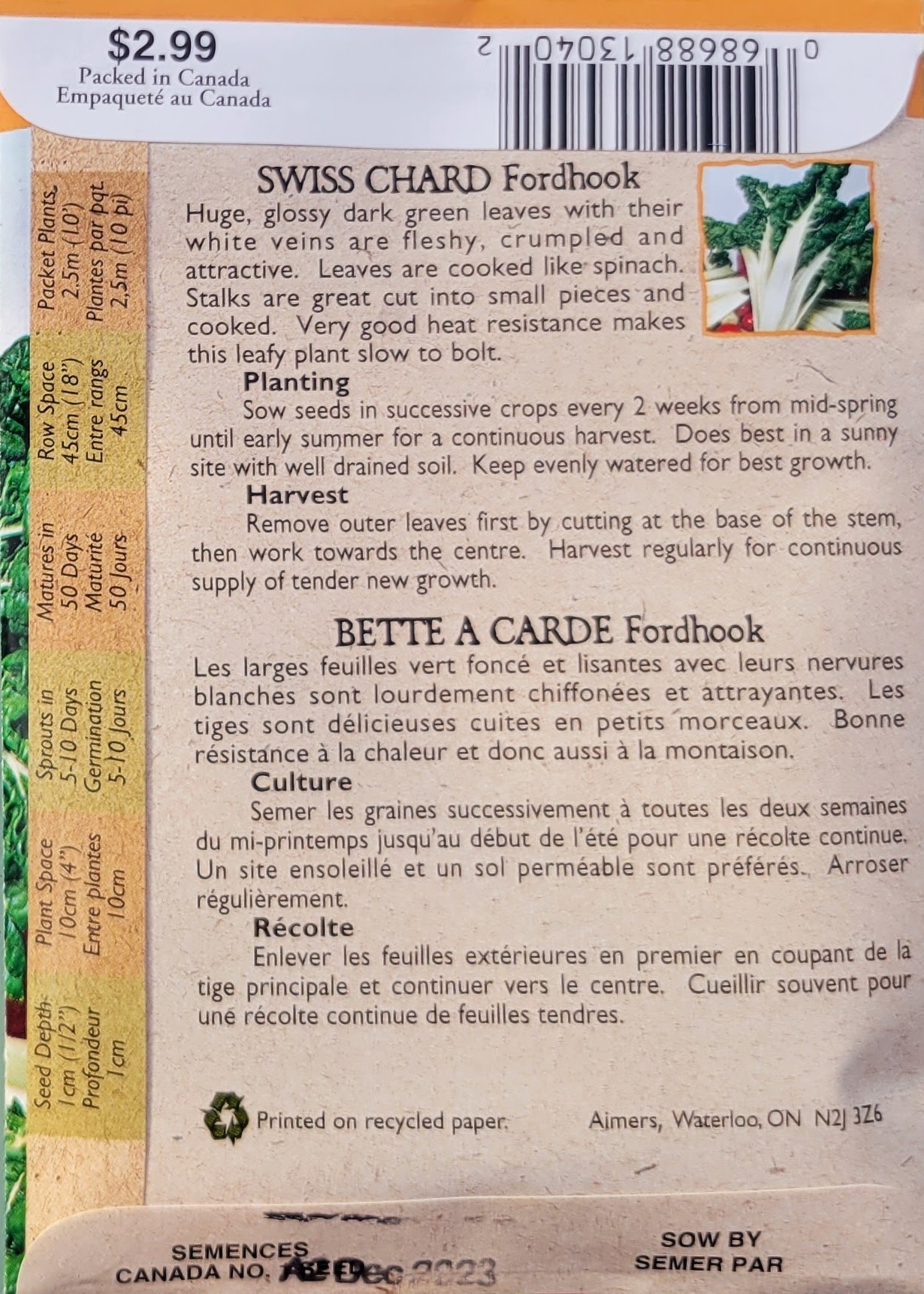 Aimers Organic Seeds Fordhook Chard Certified Organic