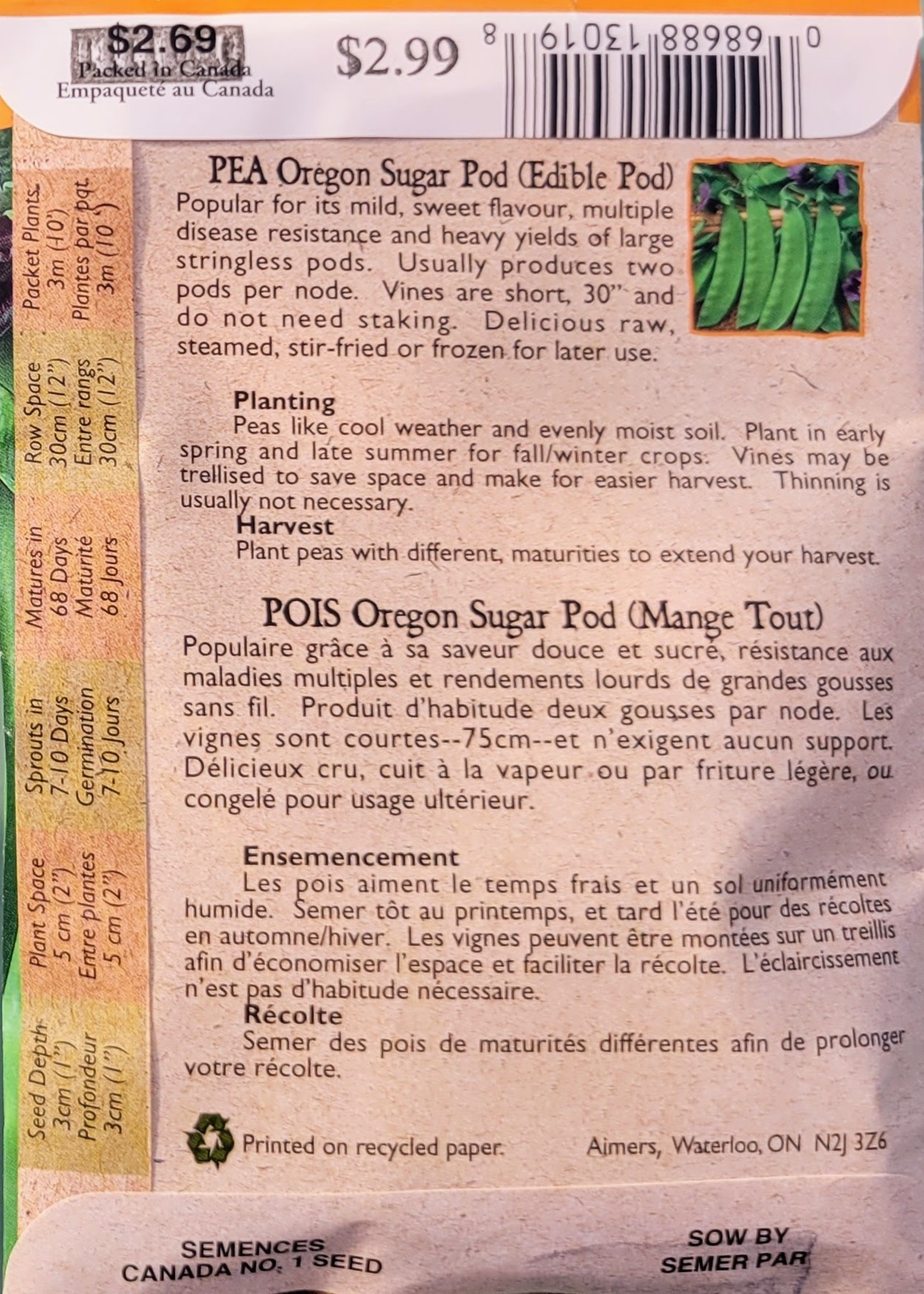 Aimers Organic Seeds Oregon Sugar Pod Pea Certified Organic