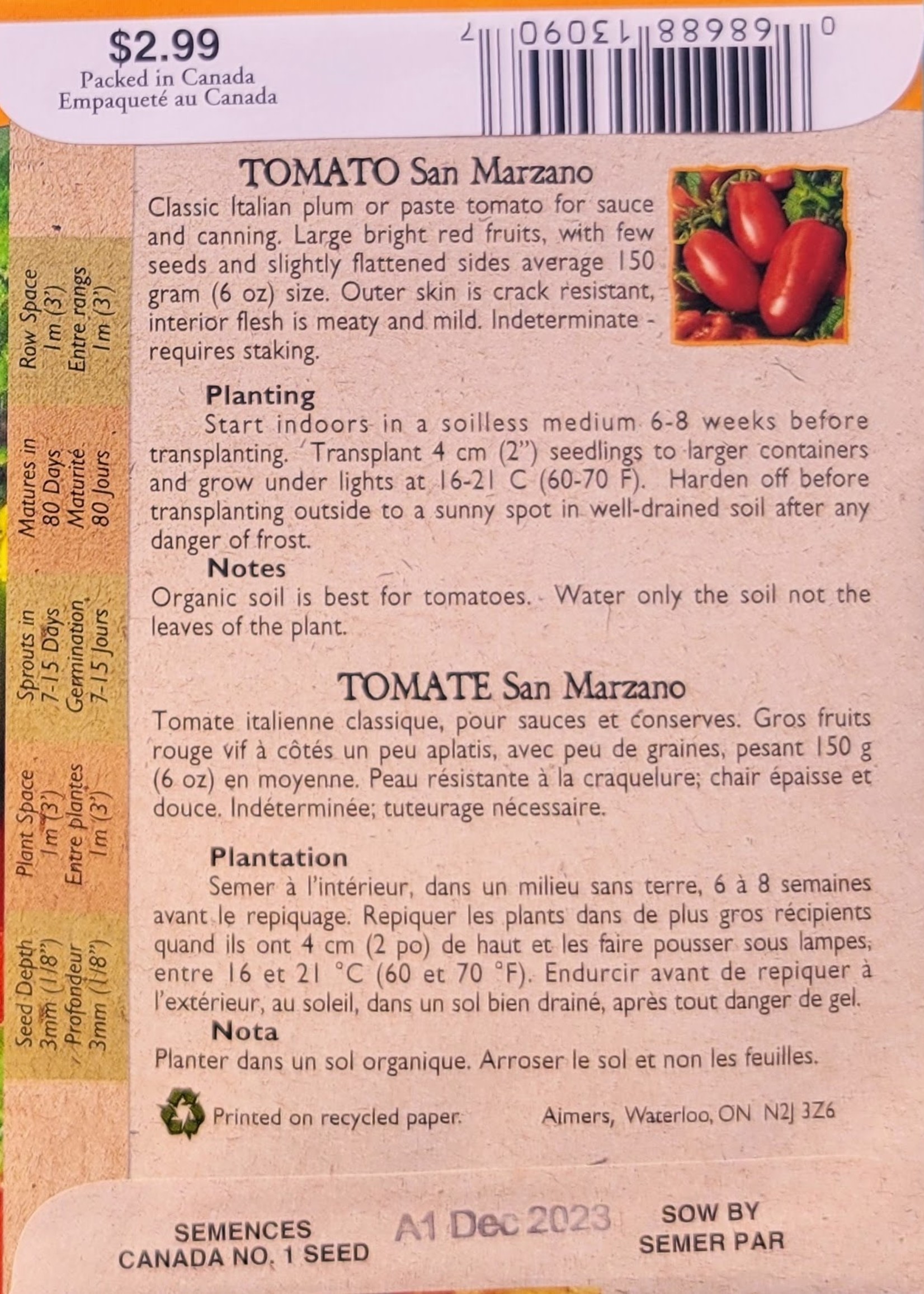 Aimers Organic Seeds San Marzano Tomato Certified Organic