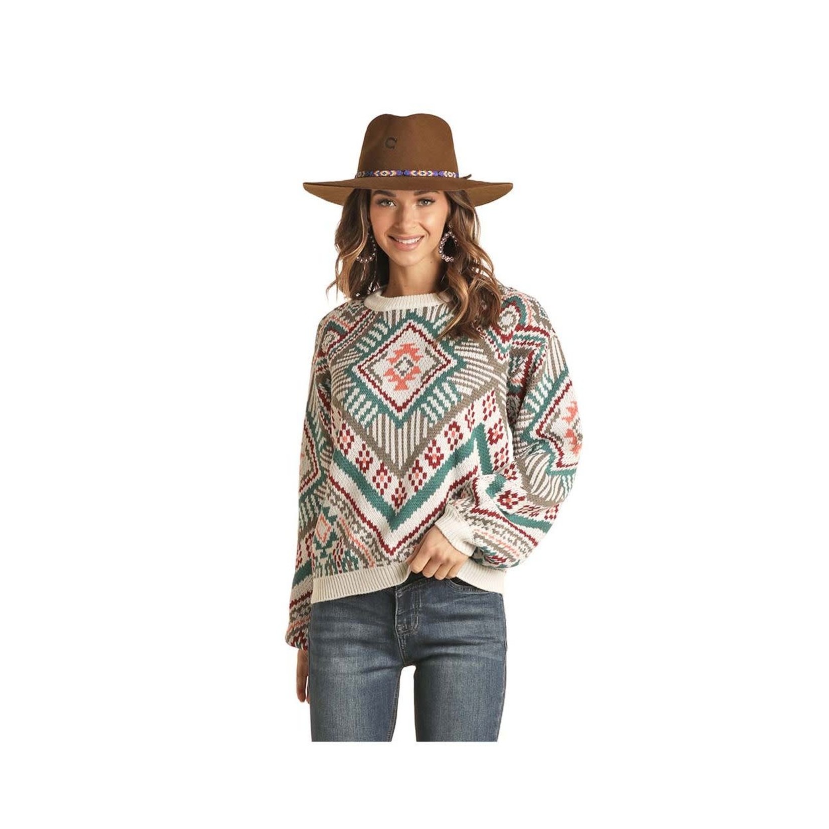 Rock and Roll Cowgirl Aztec Sweater- Ivory Multi