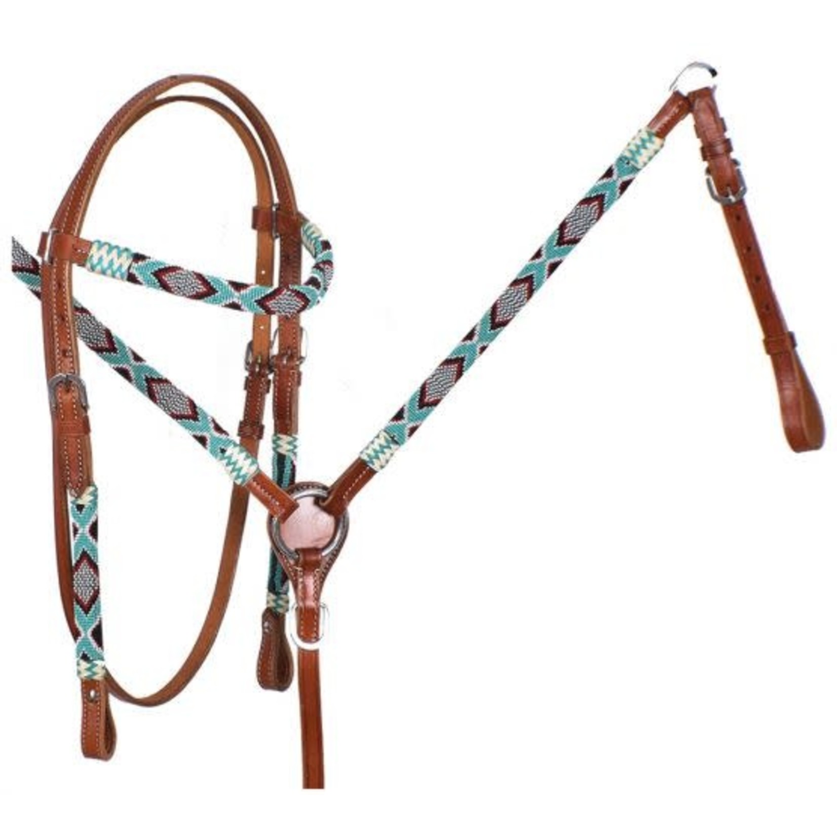 Showman Turquoise and Red Beaded headstall and breast collar set