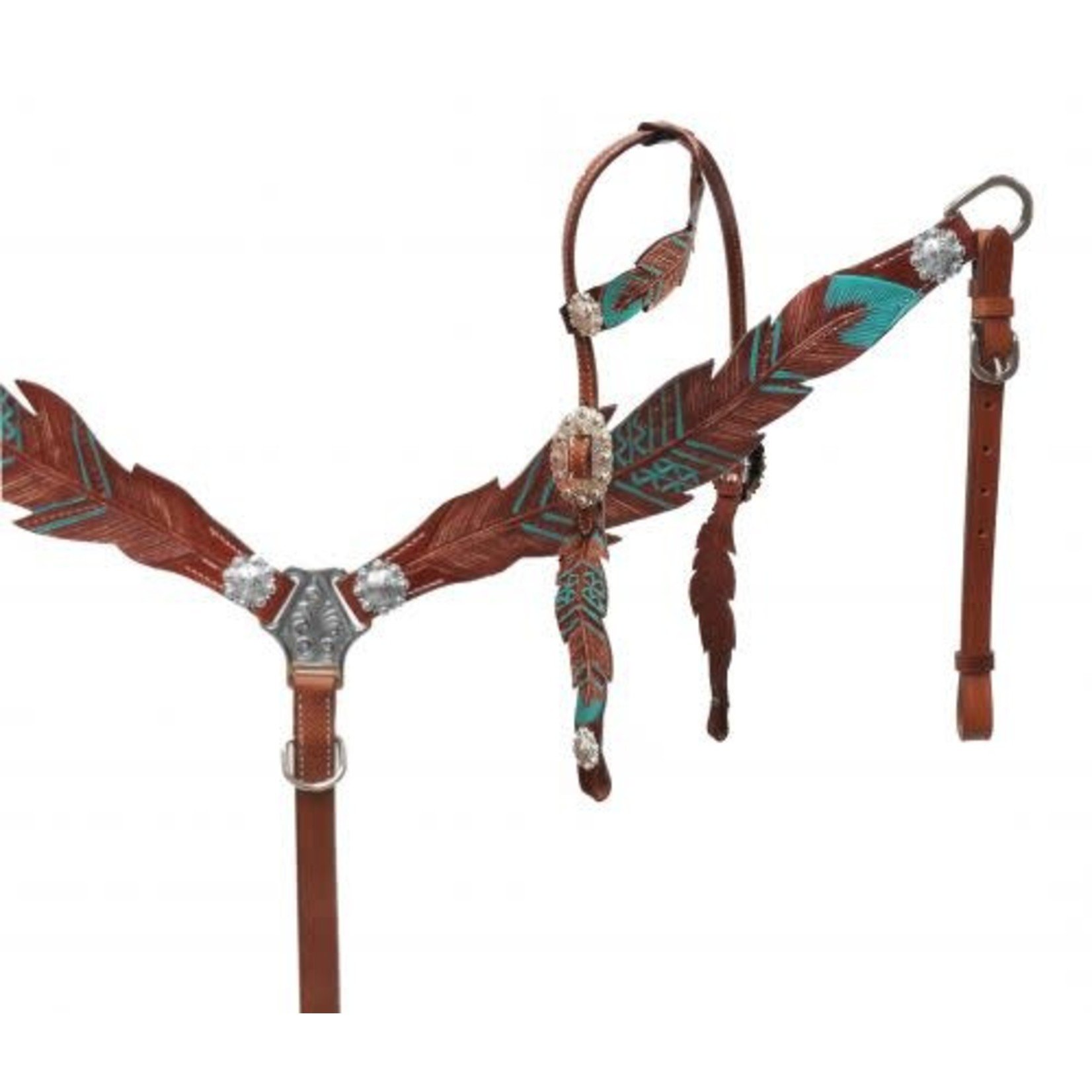 Showman Cut- out teal painted feather headstall and breast collar