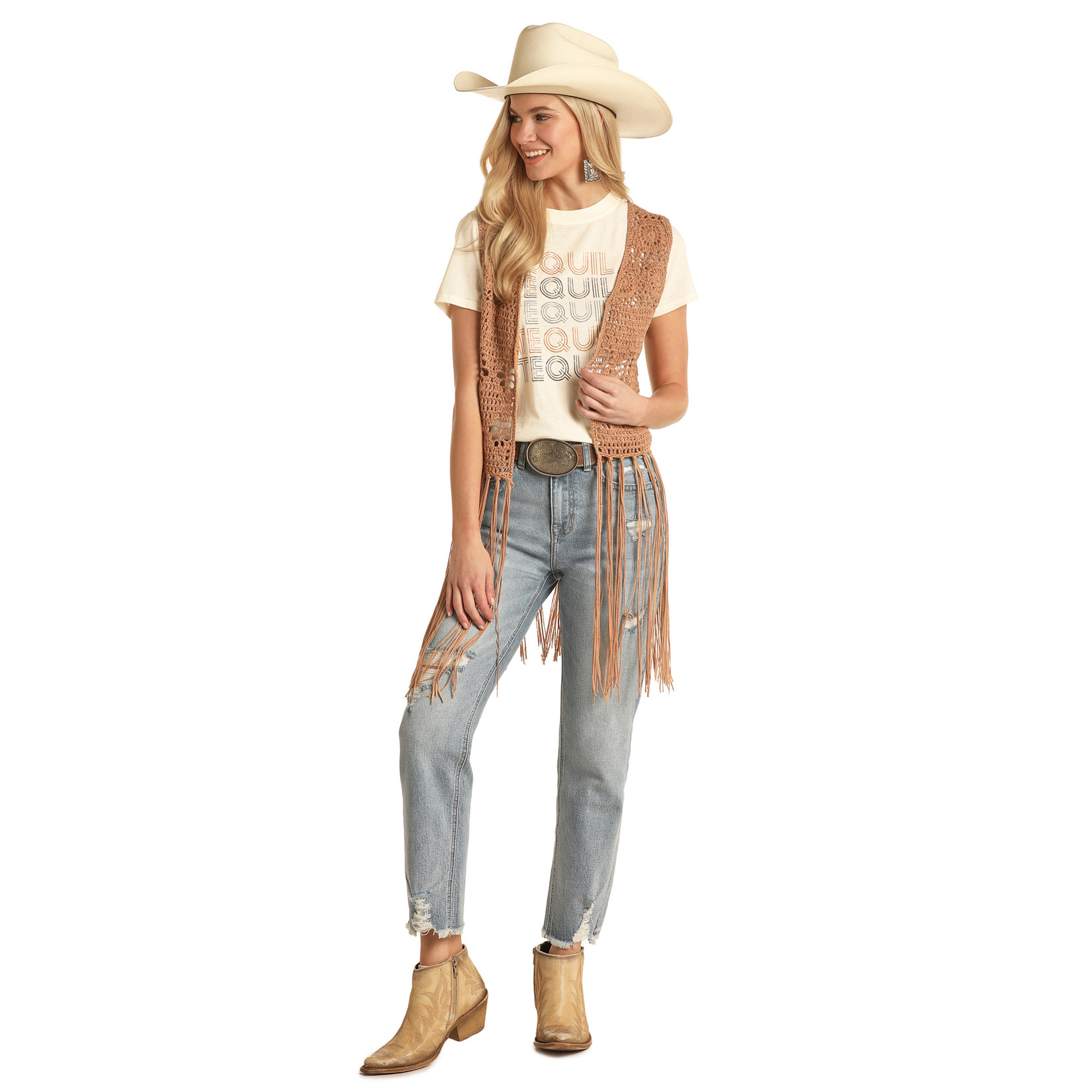 Rock and Roll Cowgirl Juniors  Crochet Vest w/ Fringe Detail--Sand