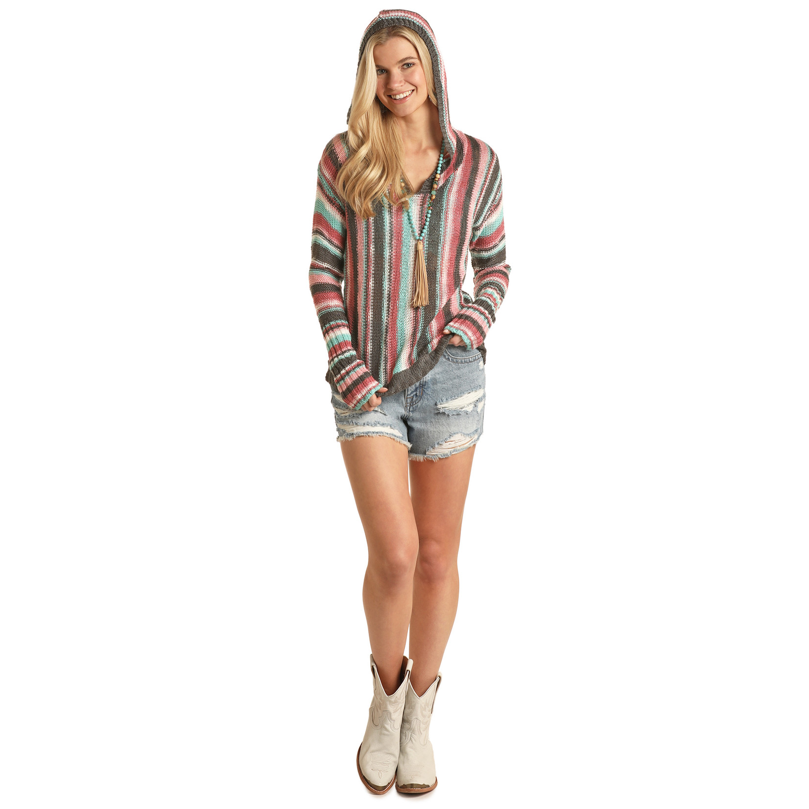 Rock and Roll Cowgirl Knitted  Striped Hoodie-Pinks