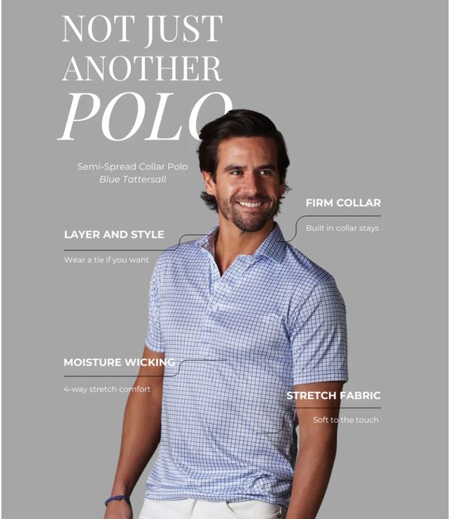 Semi Spread Collar Polo- Blue Tattersall