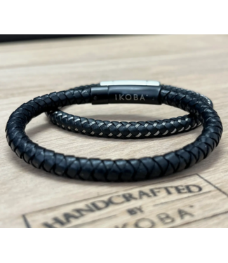 IKOBA Men's Round Leather Bracelet- Black/Black