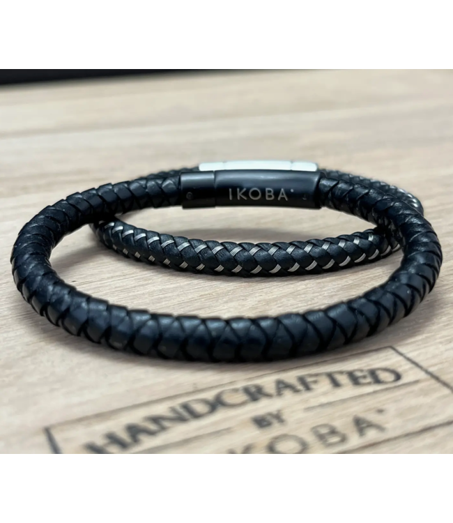 Men's Round Leather Bracelet- Black/Black