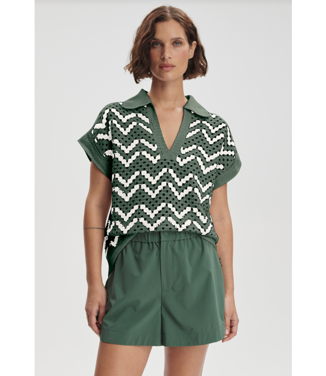 Joelle Crochet Polo Top- Cilantro
