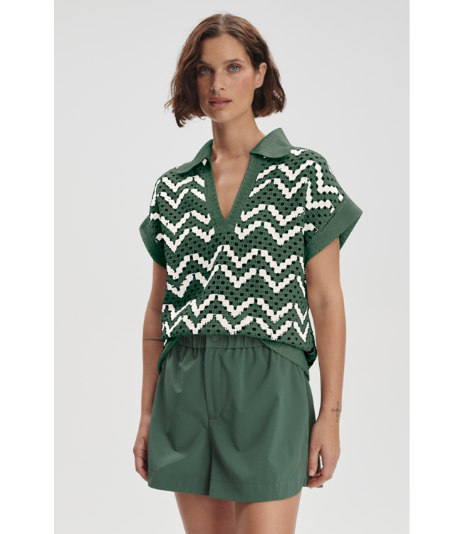 Joelle Crochet Polo Top- Cilantro