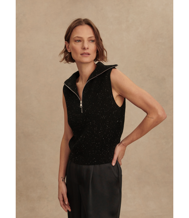 Hally Half Zip Rib Vest- Black Fleck