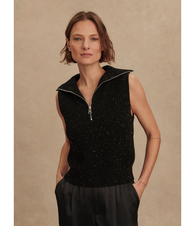 Hally Half Zip Rib Vest- Black Fleck