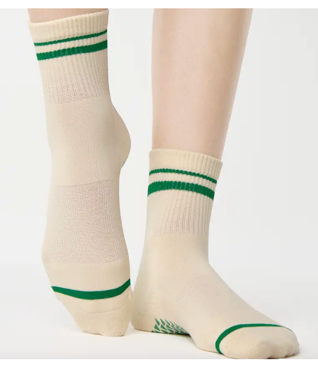 Women's Varsity Ankle Grip Sock- Ivory/Green