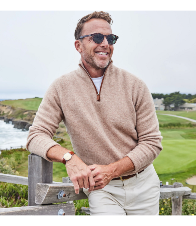 Balmoral Quarter Zip Wool Sweater-Camel/Brown Suede Trim