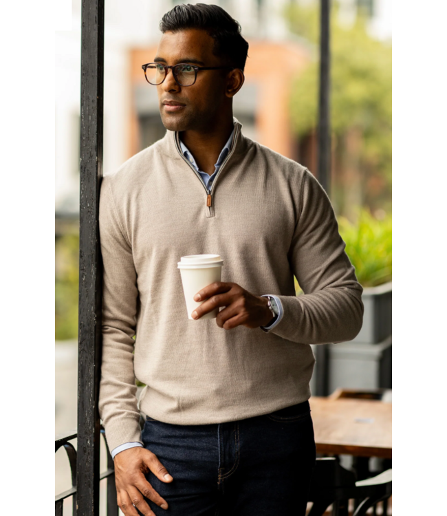 Oatmeal Cashmere Touch Australian Merino Quarter Zip Sweater