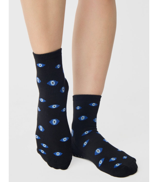 Womens Evil Eye Ankle Grip Sock- Black