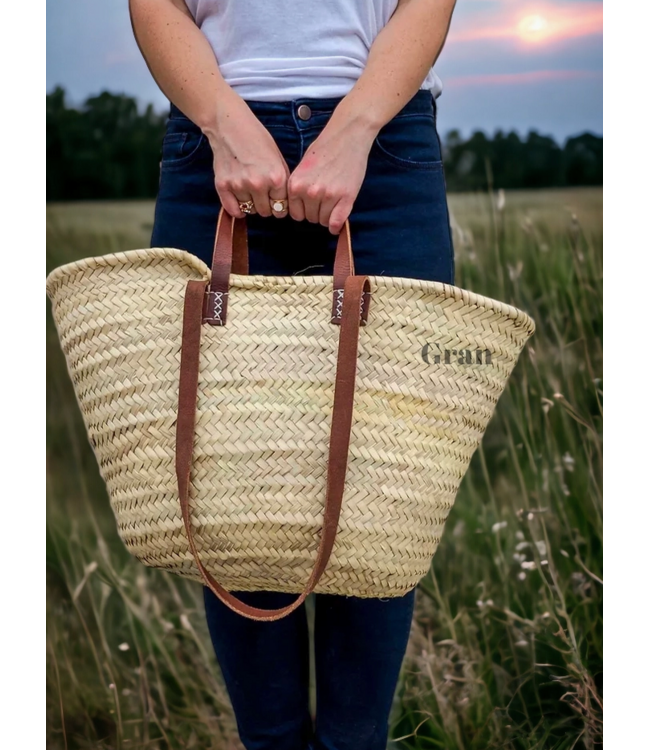 Straw Bag Leather Handles- Brown