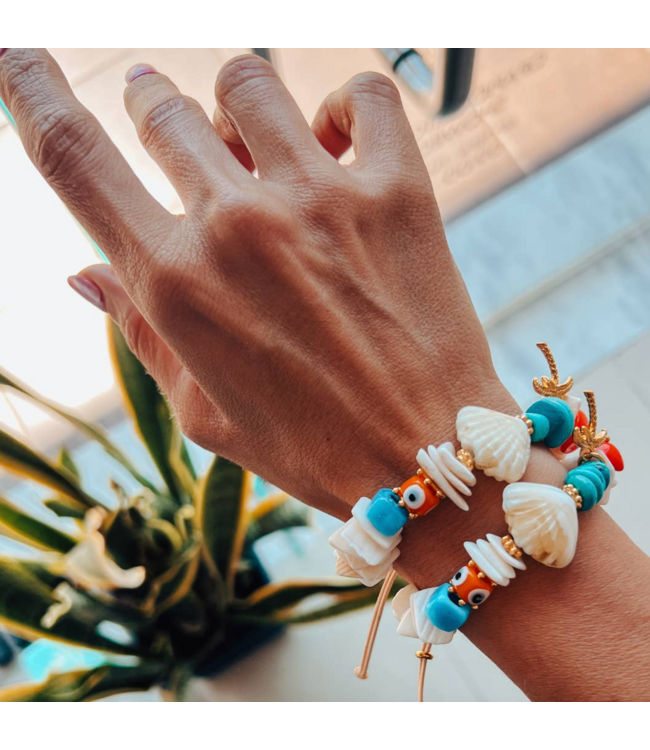 Beige Shell & Evil Eye Beaded Bracelet
