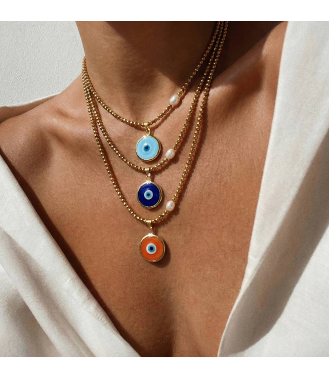Colorful Glass Evil Eye Necklace with Gold Hematite & Pearl- Baby Blue