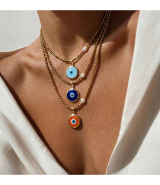 Colorful Glass Evil Eye Necklace with Gold Hematite & Pearl- Orange