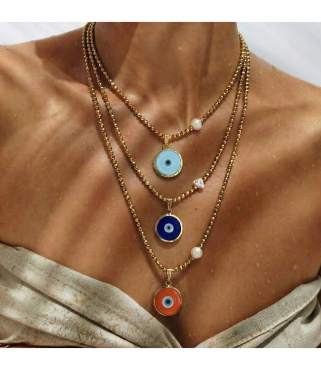 Colorful Glass Evil Eye Necklace with Gold Hematite & Pearl- Orange