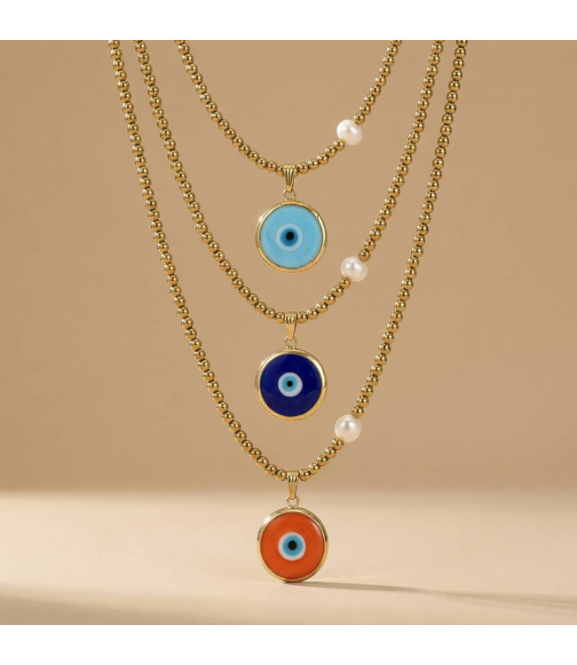 Colorful Glass Evil Eye Necklace with Gold Hematite & Pearl- Orange