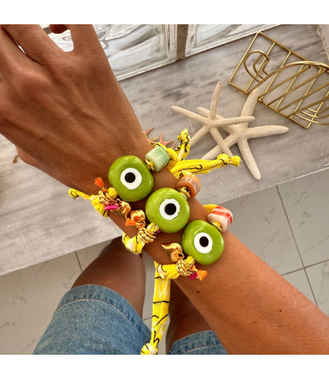 Yellow Bandana Scarf Bracelet with Lime Glass Eye