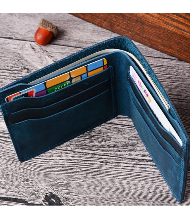 Handmade Leather Bifold Wallet- Blue