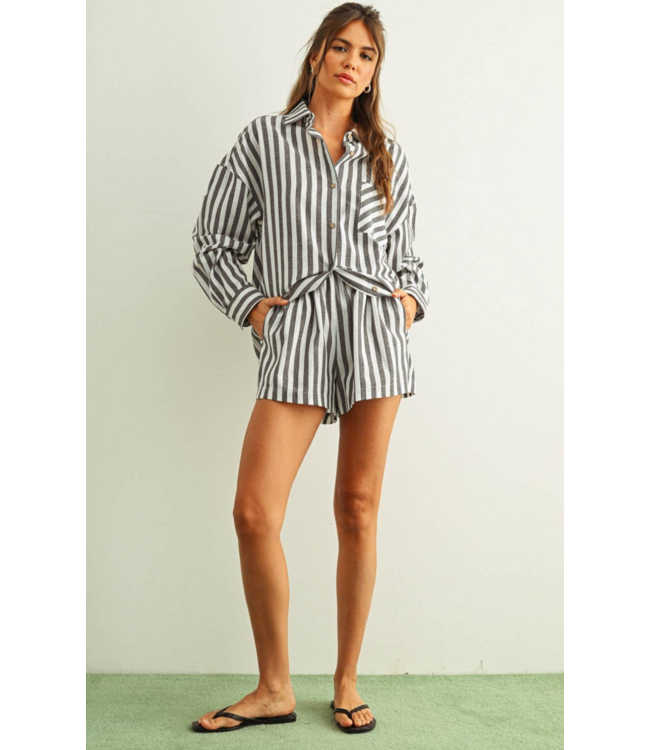 Stripped Button Down Shirt- Black