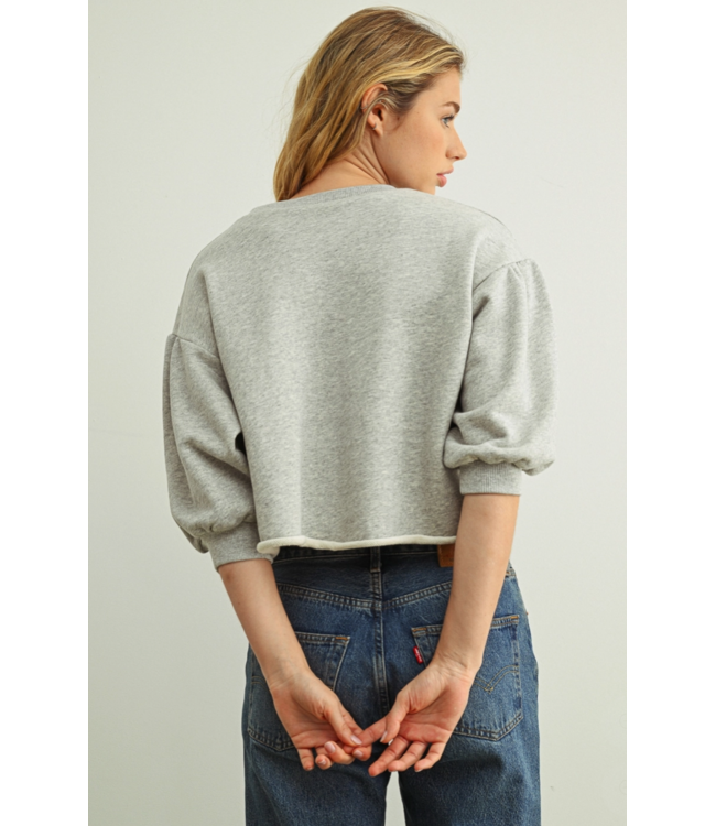 Cropped Puff Shoulder Short Sleeve- Heather Grey