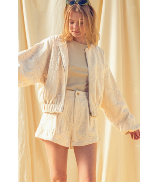 Floral Jacquard Zip Up Jacket- Ecru