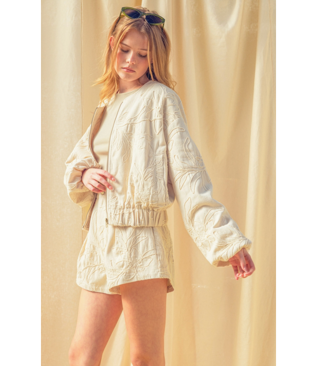 Floral Jacquard Zip Up Jacket- Ecru