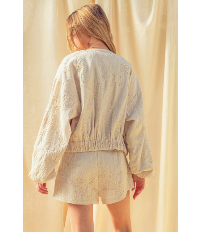 Floral Jacquard Zip Up Jacket- Ecru