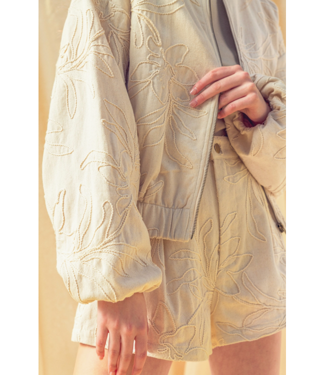 Floral Jacquard Zip Up Jacket- Ecru