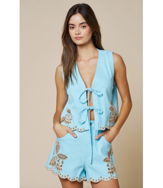 Floral Front Tie Vest- Blue/Taupe