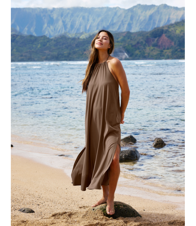 Go With The Flow Halter Dress- Khaki