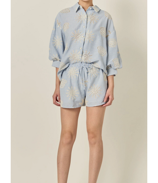 Striped Sunshine Embroidered Shorts- Blue